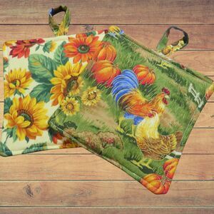 Handmade Potholder, Set of 2, Reversible Chickens and Sunflowers Hot Pads